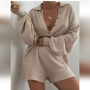 FREE PEOPLE Beige Slouchy Picnic Ribbed Sweater Romper